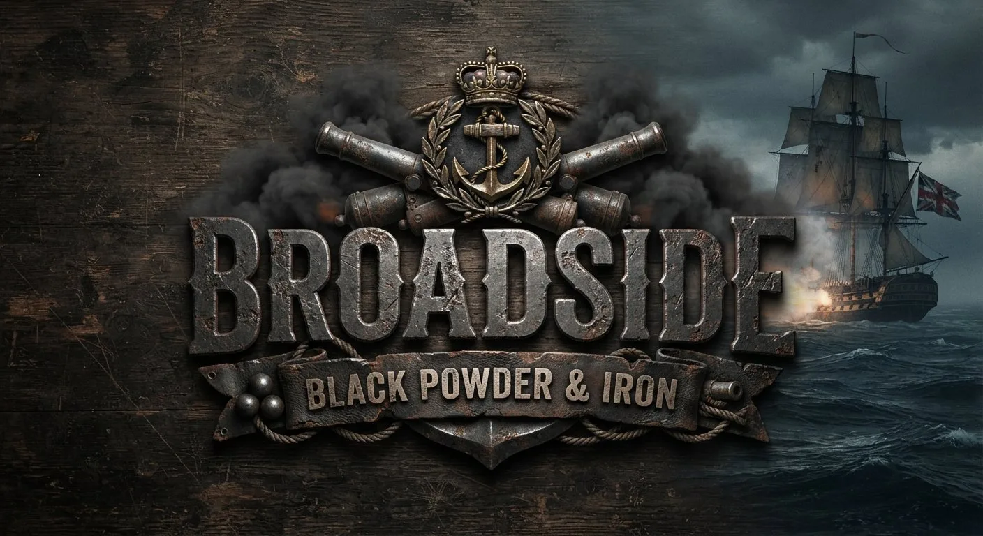 Broadside: Blackpowder & Iron — crossed cannons and a crowned anchor above a ship of the line firing a broadside in heavy seas